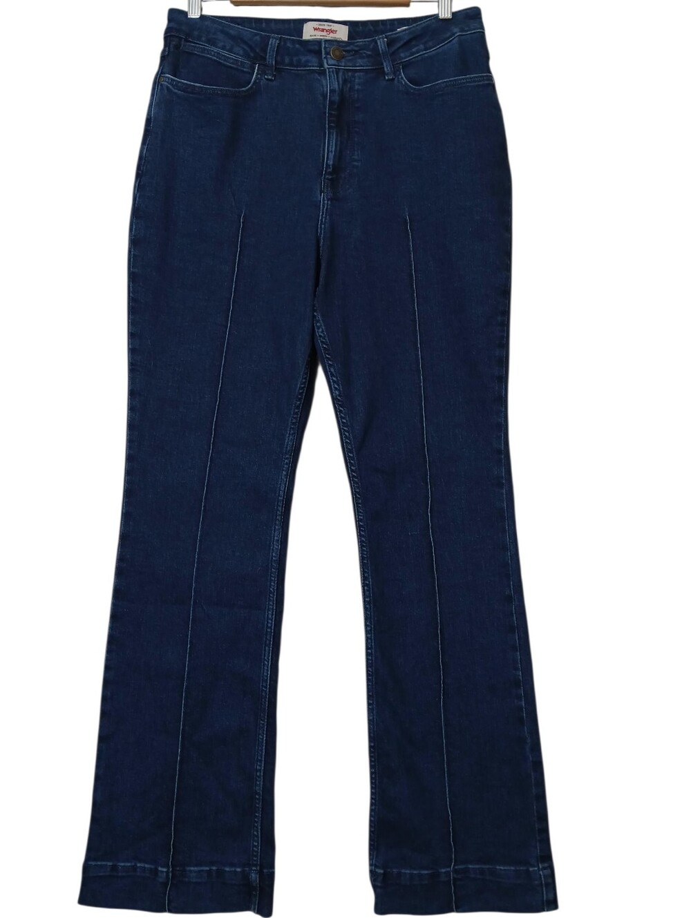 Wrangler Jeans High Rise Bold Boot Cut Pintuck Blue Dark Wash Stretch Denim